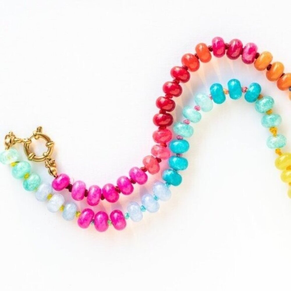 Rainbow Crystal Beaded Necklace 18K Gold Toggle Waterproof Boho Layering Jewelry - Picture 13 of 16